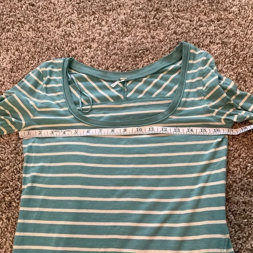 Free People Teal Striped Crochet Sleeve Cotton Long Sleeve Top Size Medium